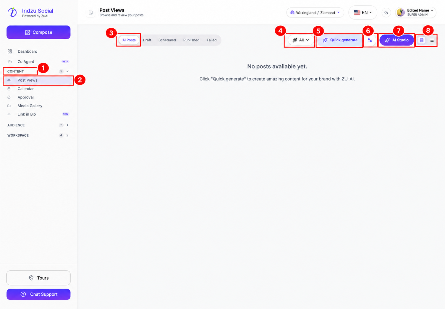 1: Content. 2: Post Views. 3: AI Posts. 4: Media filter. 5: Quick generate. 6: Quick generate settings. 7: AI Studio. 8: Grid/list view.
