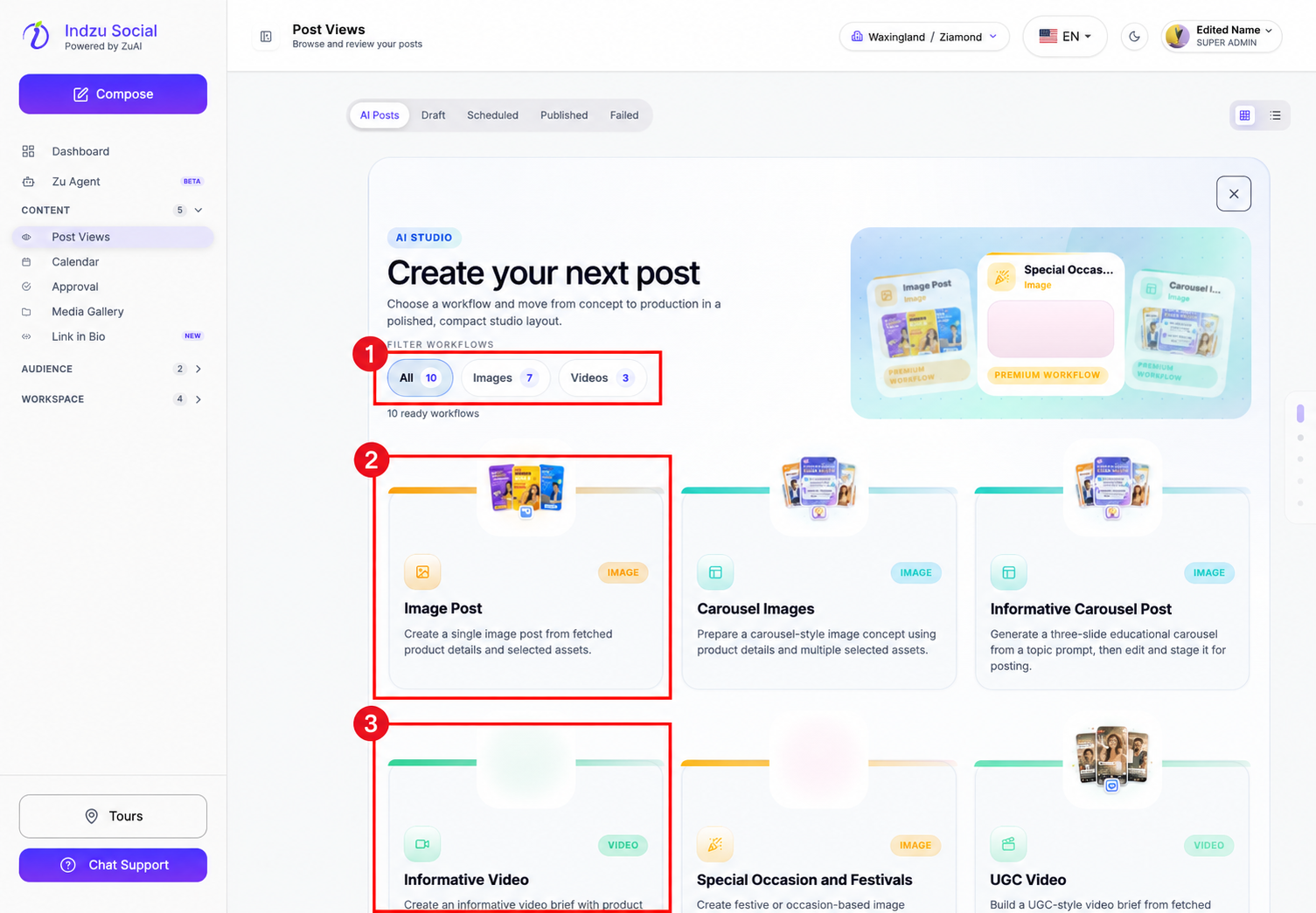 1: Workflow filters and counts. 2: Image Post workflow. 3: Informative Video workflow; scroll to see more cards.