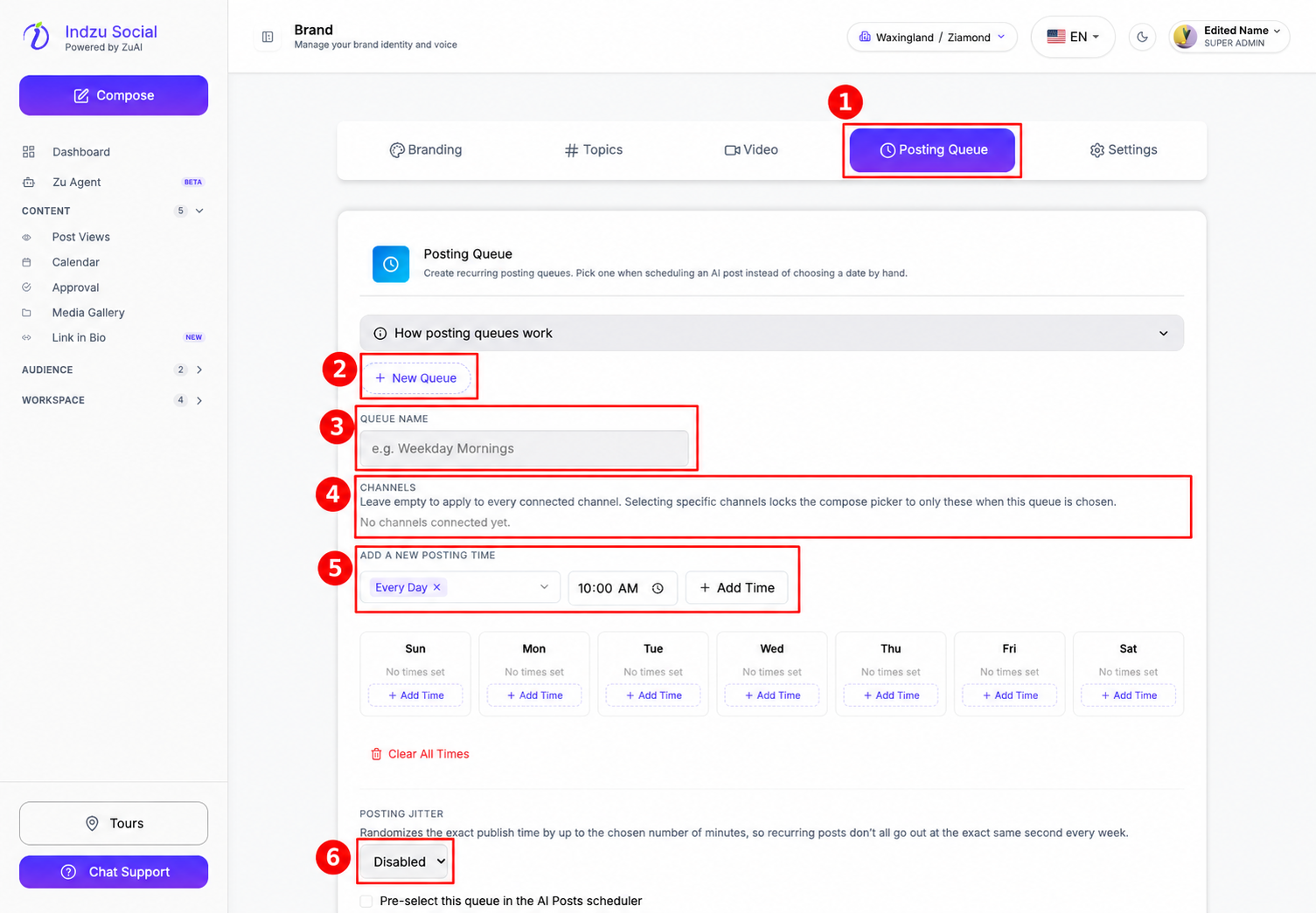1: Posting Queue tab. 2: New Queue. 3: Queue name. 4: Channels; connect channels first if this area is empty. 5: Choose days and a time, then Add Time. 6: Posting Jitter.