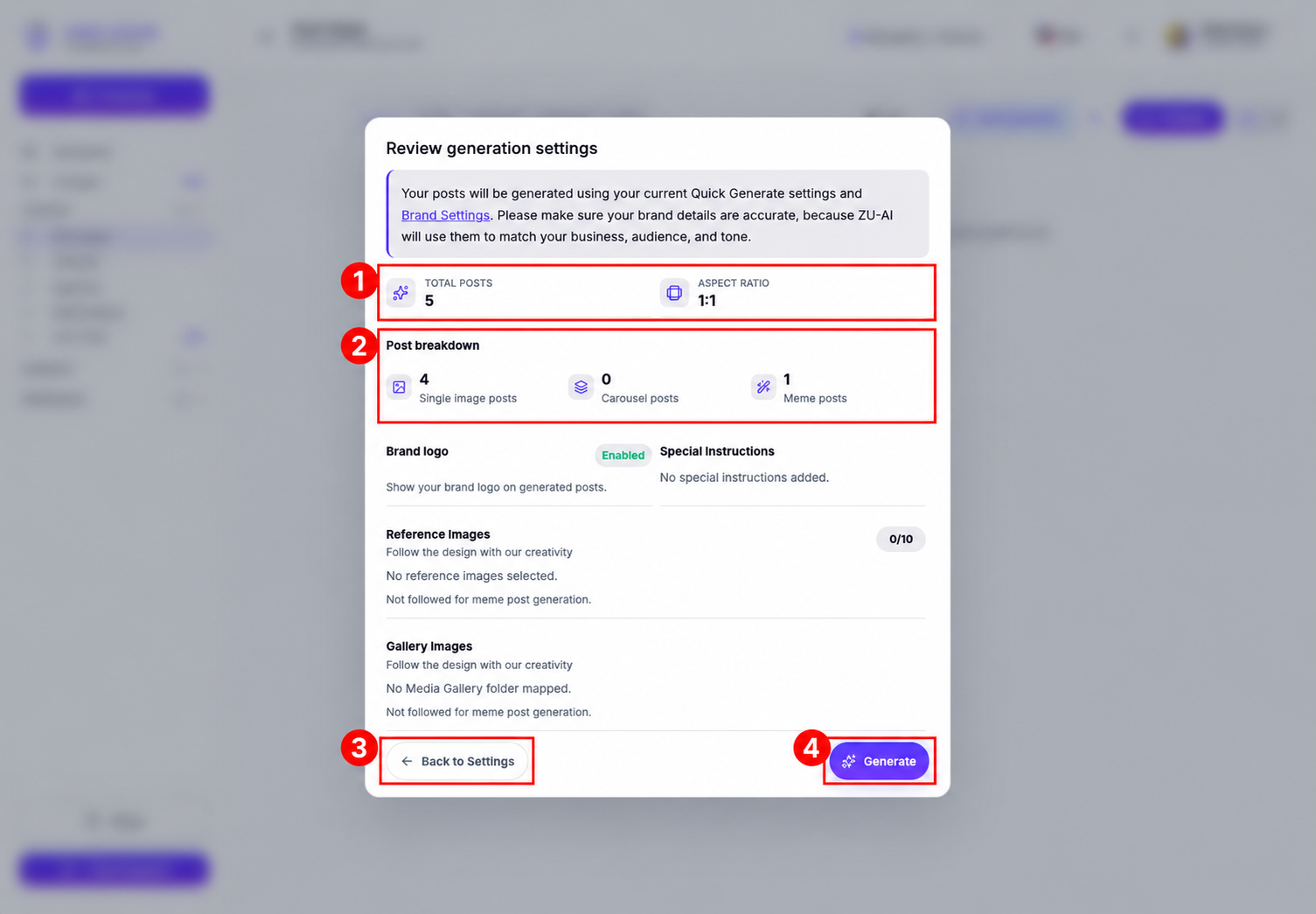 1: Total posts and aspect ratio. 2: Post breakdown. 3: Back to Settings. 4: Generate starts generation.