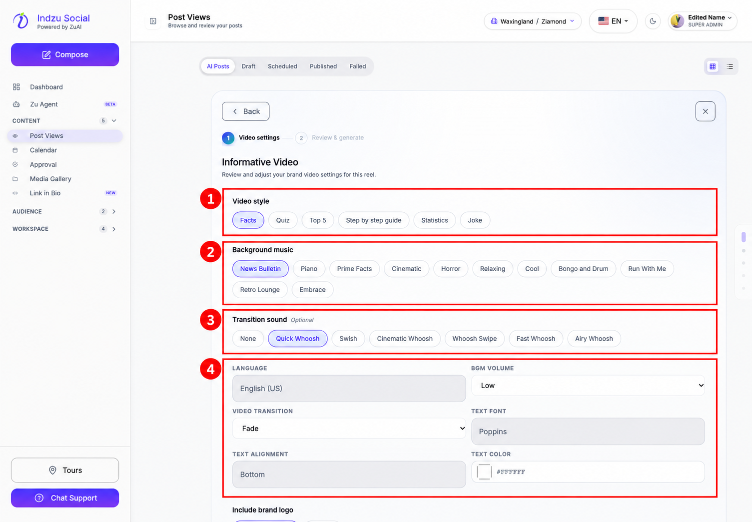 1: Video style. 2: Background music. 3: Transition sound. 4: Language, volume, transition, and text settings. Scroll down for logo, voice, and Continue.