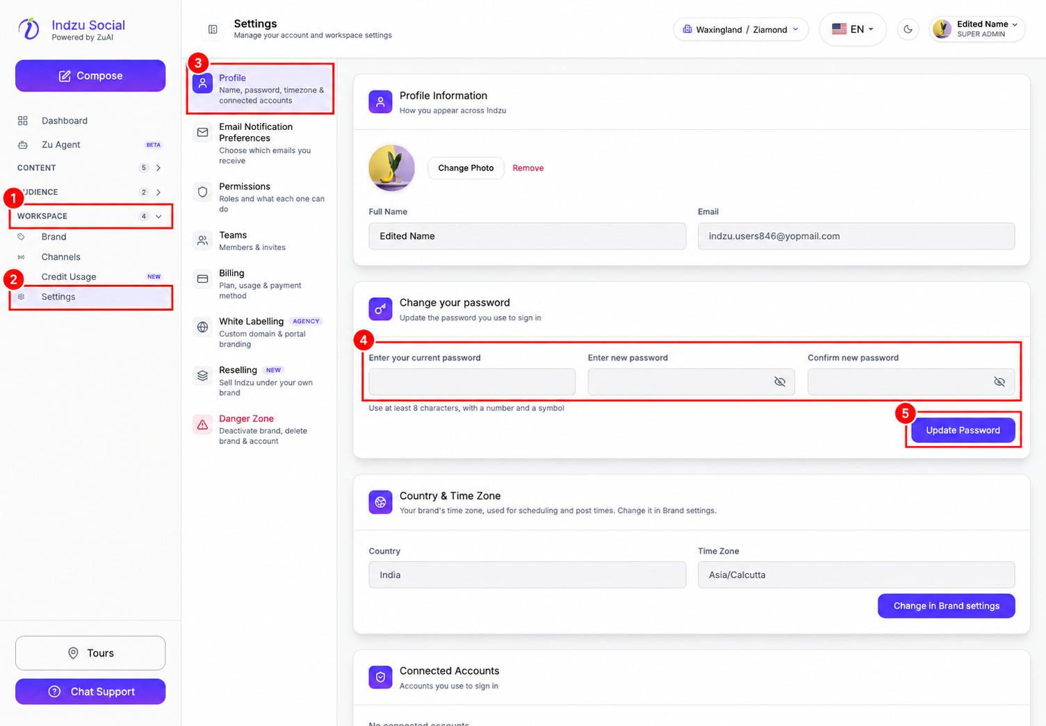 Annotated password-change screenshot: 1 Workspace, 2 Settings, 3 Profile, 4 password fields, 5 Update Password.
