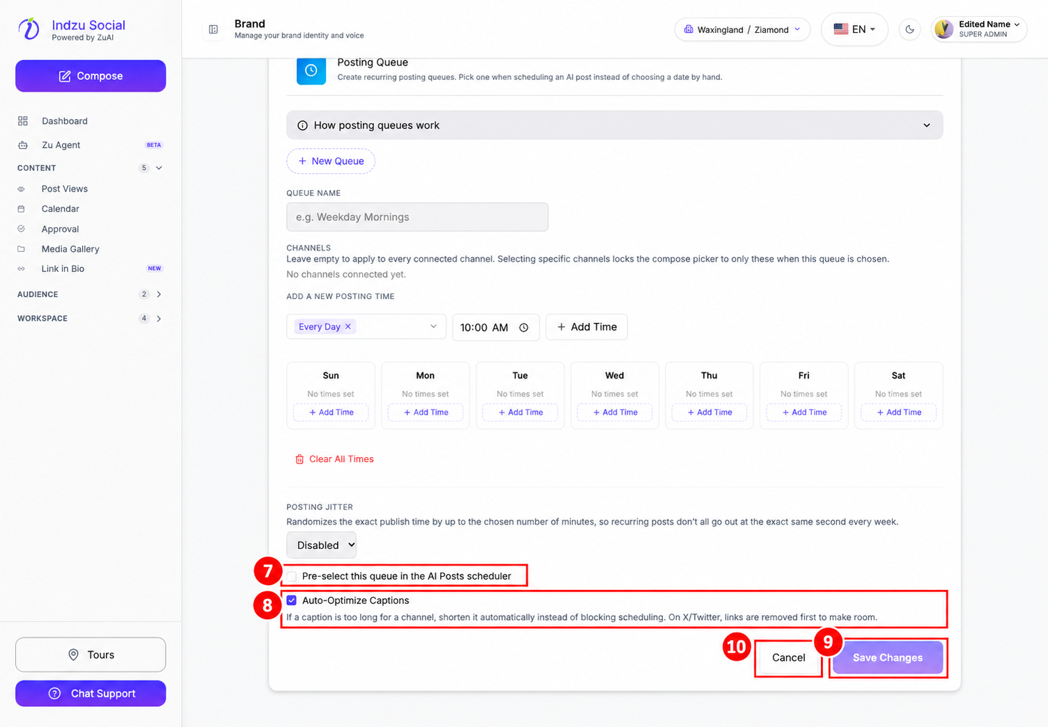 7: Default queue option. 8: Auto-Optimize Captions. 9: Save Changes. 10: Cancel. Save is unavailable here because this example brand has no connected channels.
