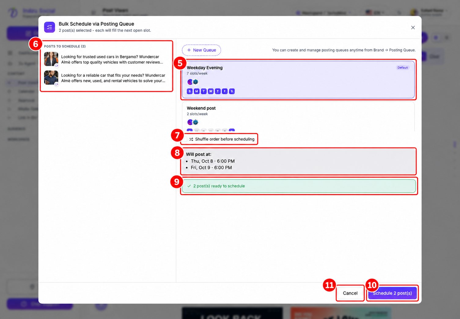 5: Choose the queue and check its channels and posting days. 6: Review the selected posts. 7: Optional shuffle. 8: Review the proposed dates and times. 9: Check the ready-post count. 10: Confirm scheduling only when ready. 11: Cancel without scheduling. Dates and times are examples.