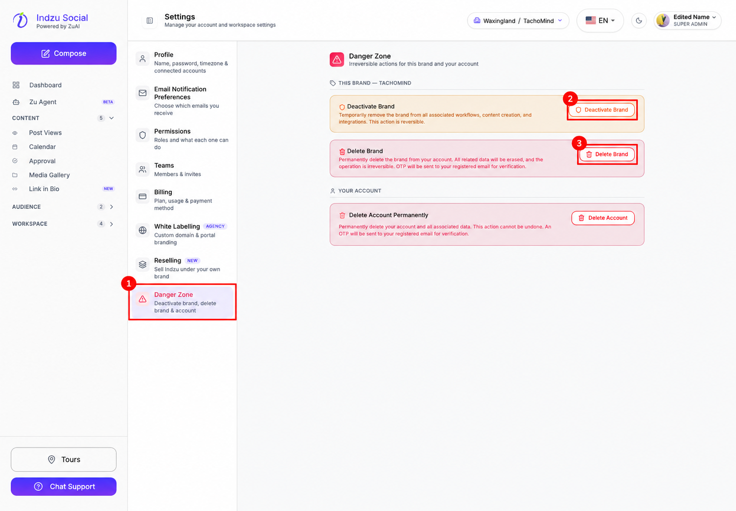 1: Settings Danger Zone. 2: Deactivate Brand. 3: Delete Brand. These actions affect the selected brand.
