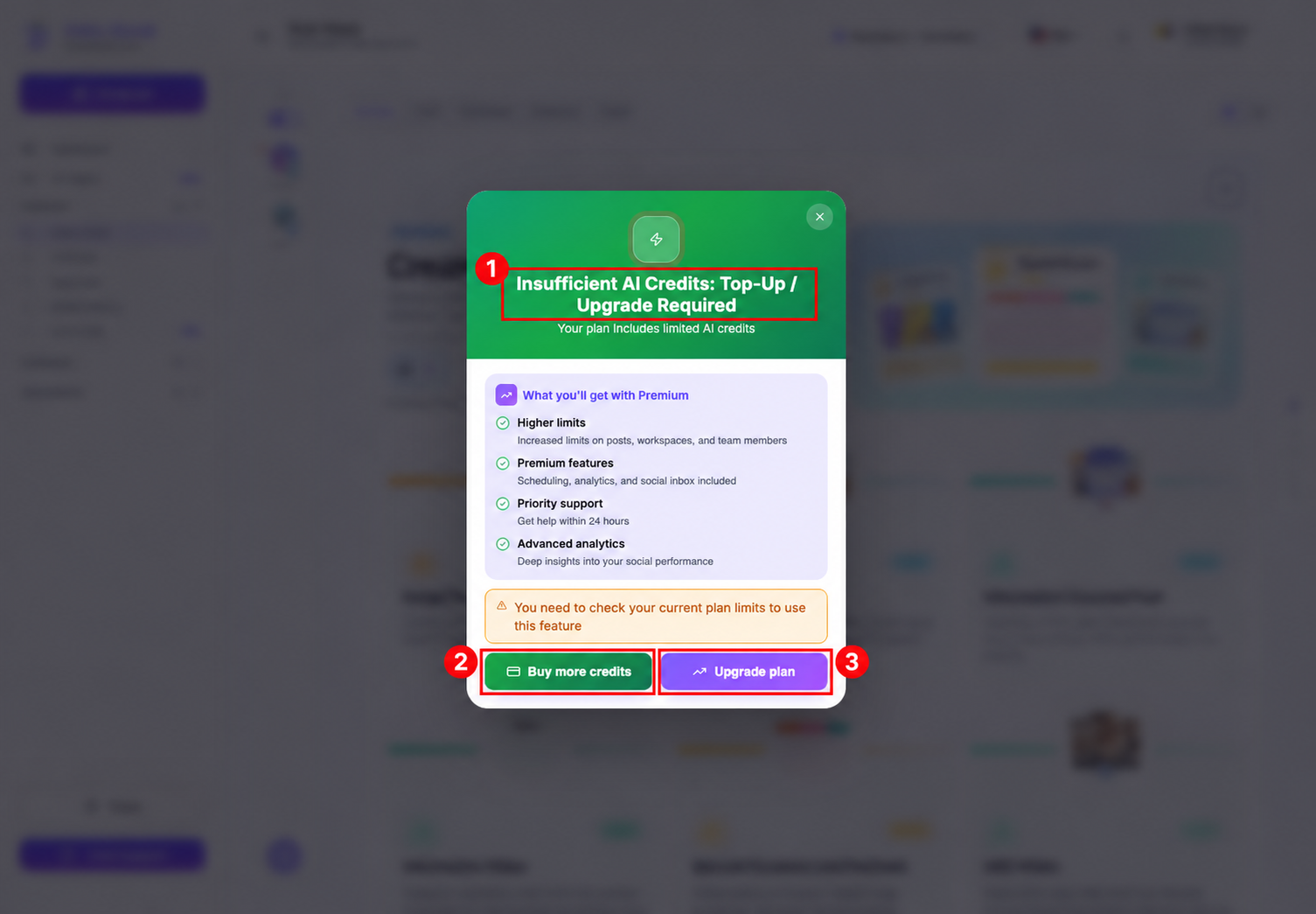 1: Insufficient AI Credits warning. 2: Buy more credits. 3: Upgrade plan. Check your balance and plan before choosing an action.