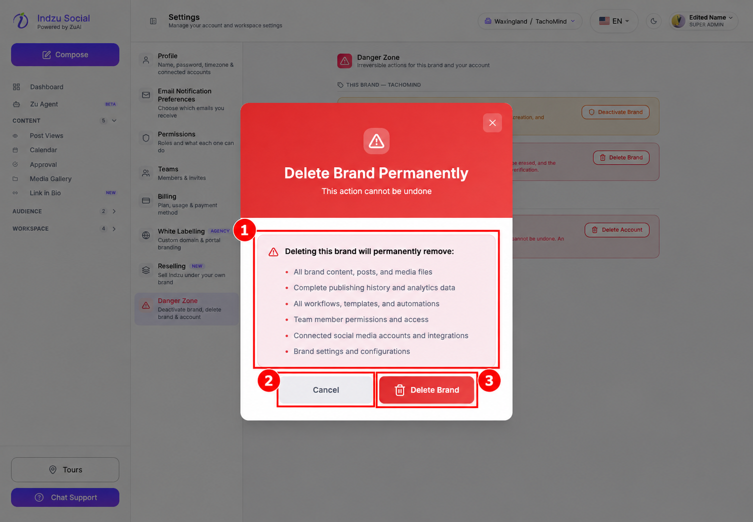 1: Review the permanent deletion warning. 2: Cancel. 3: Confirm deletion only when ready.