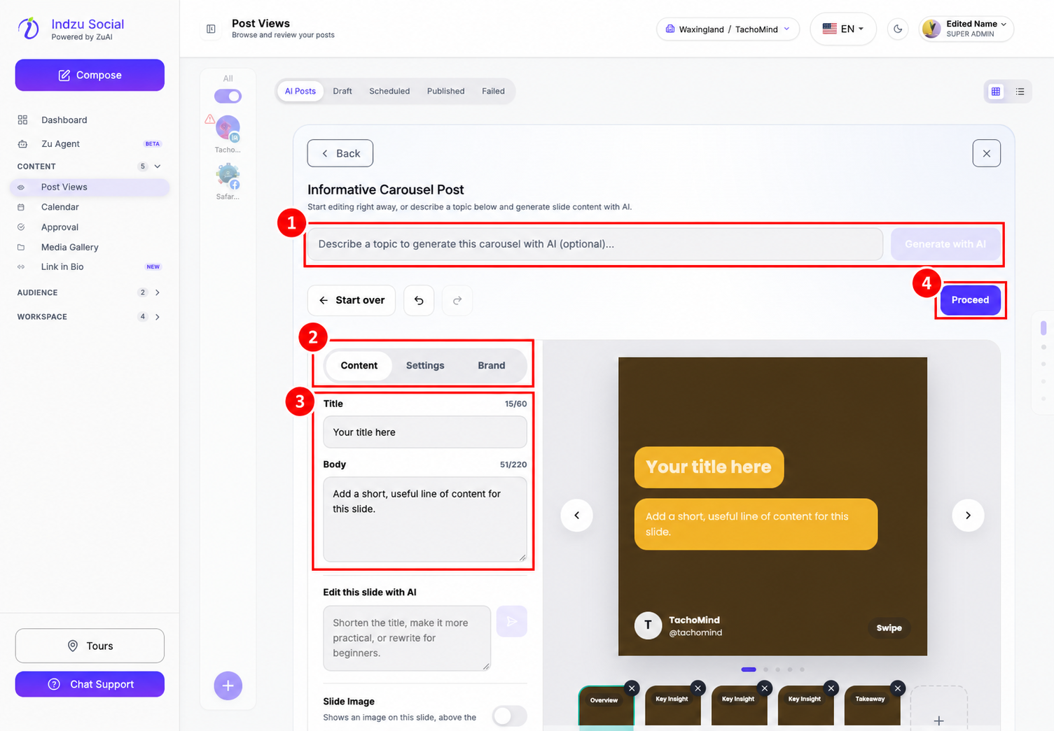 1: Optional topic prompt and Generate with AI. 2: Content, Settings, and Brand tabs. 3: Selected slide title and body. 4: Proceed to the credit estimate.