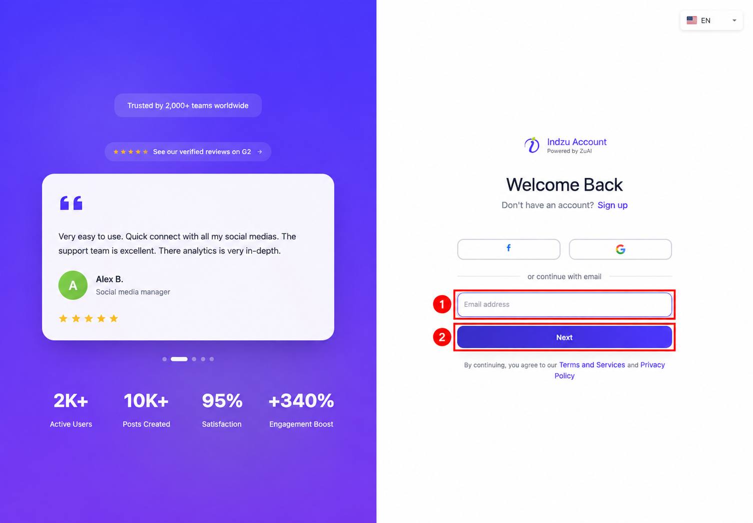 Password-recovery navigation: 1 email address, 2 Next.