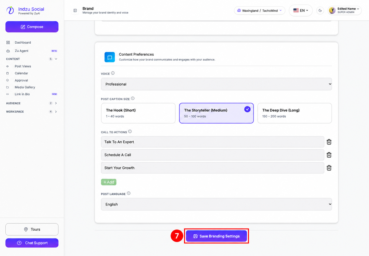 7: Save Branding Settings applies changes made in the Branding tab.