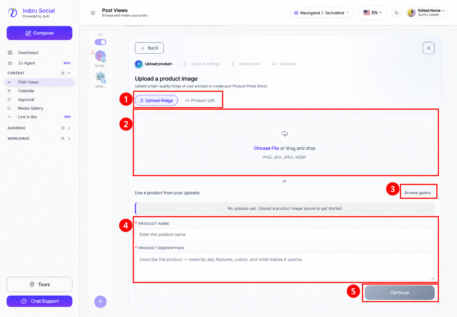 1: Upload Image or Product URL. 2: Choose File upload area. 3: Browse gallery. 4: Required product name and description. 5: Continue, disabled until the required inputs are complete.