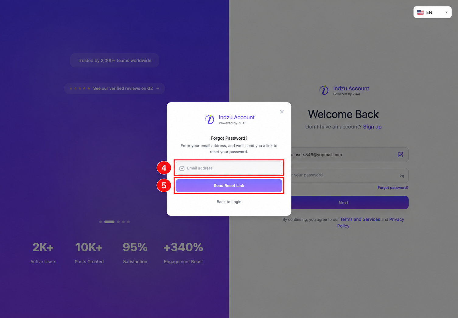 Password-reset dialog: 4 email address, 5 Send Reset Link.