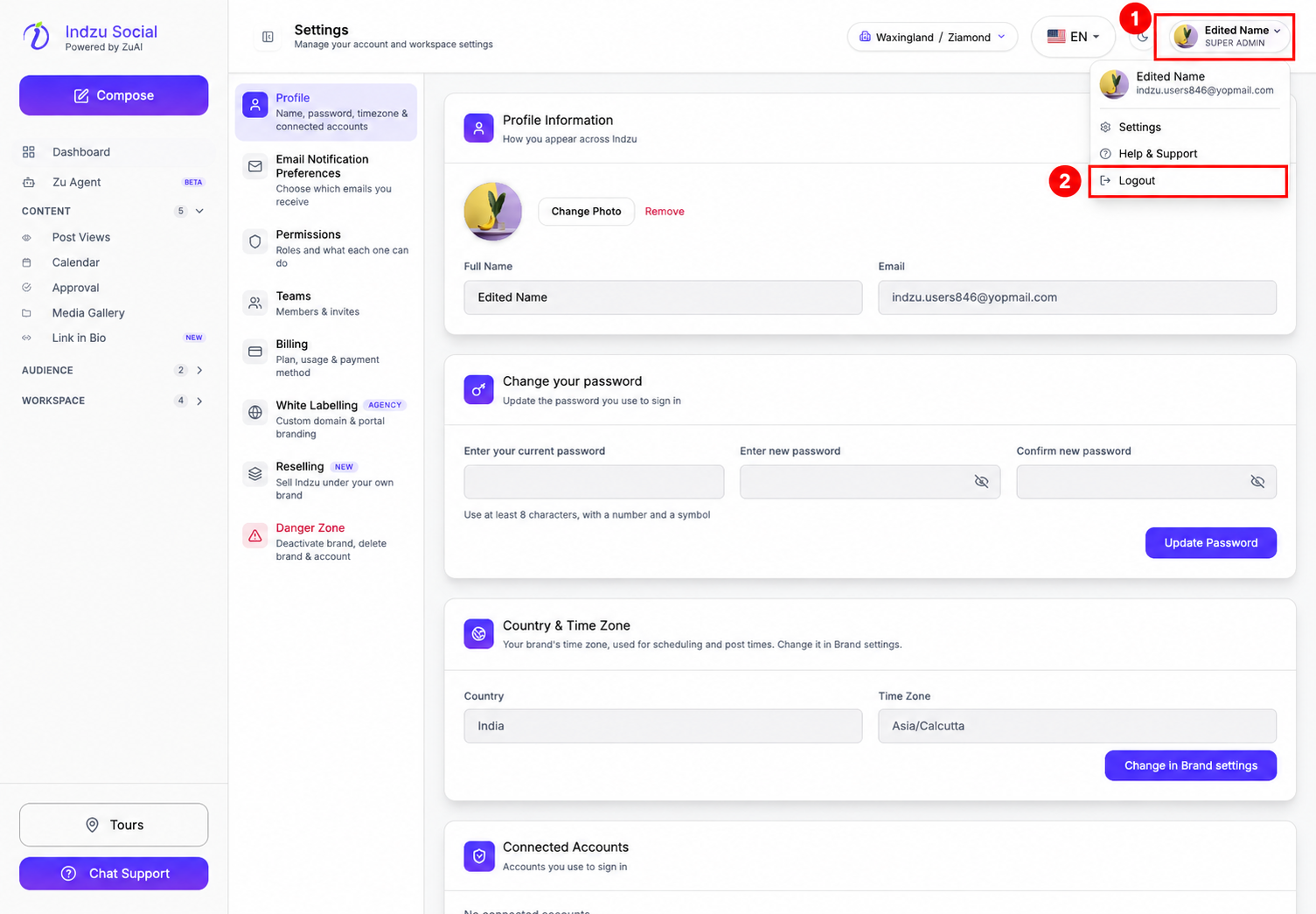Logout navigation: 1 profile menu, 2 Logout.