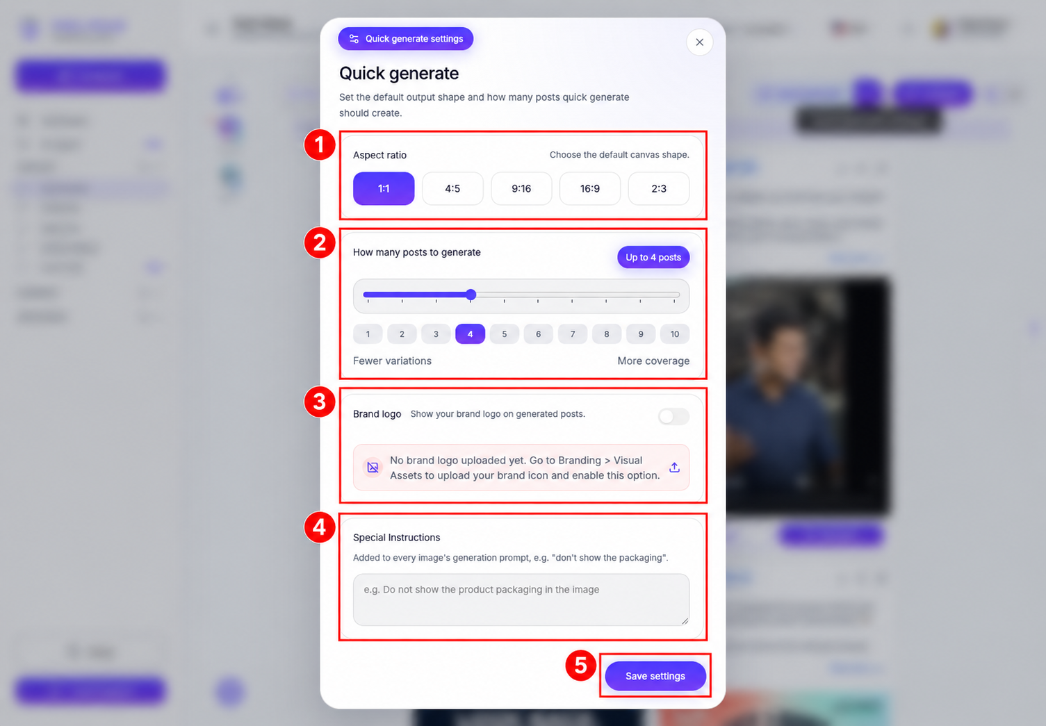 1: Aspect ratio. 2: Number of posts; the shown count is an example. 3: Brand logo and missing-logo guidance. 4: Special Instructions. 5: Save settings.