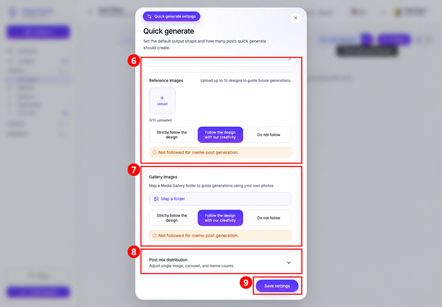 6: Reference Images and guidance mode. 7: Gallery Images folder mapping and guidance mode. 8: Expand Post mix distribution. 9: Save settings. Reference and gallery guidance is not followed for memes.