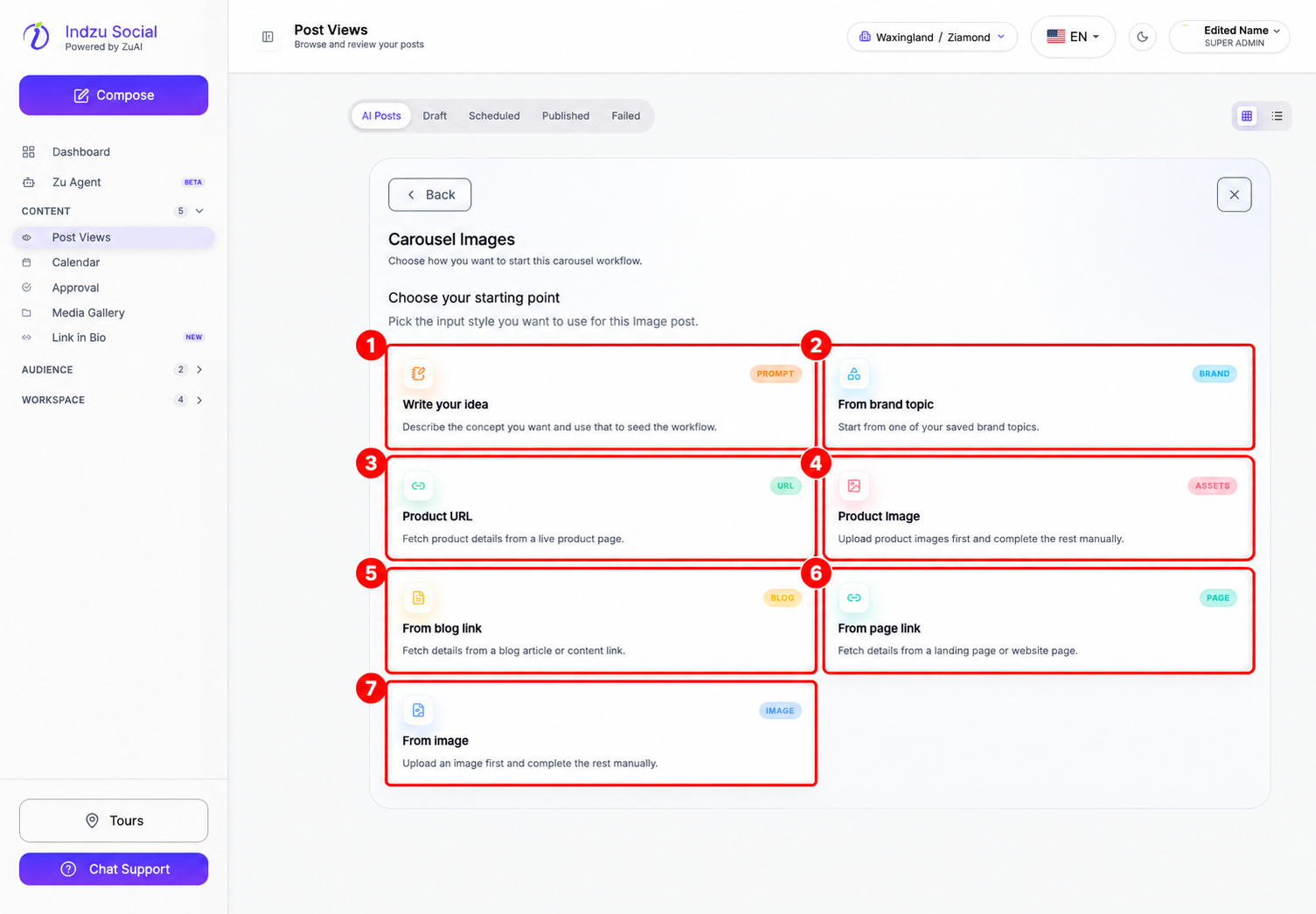 1: Write your idea. 2: From brand topic. 3: Product URL. 4: Product Image. 5: From blog link. 6: From page link. 7: From image.