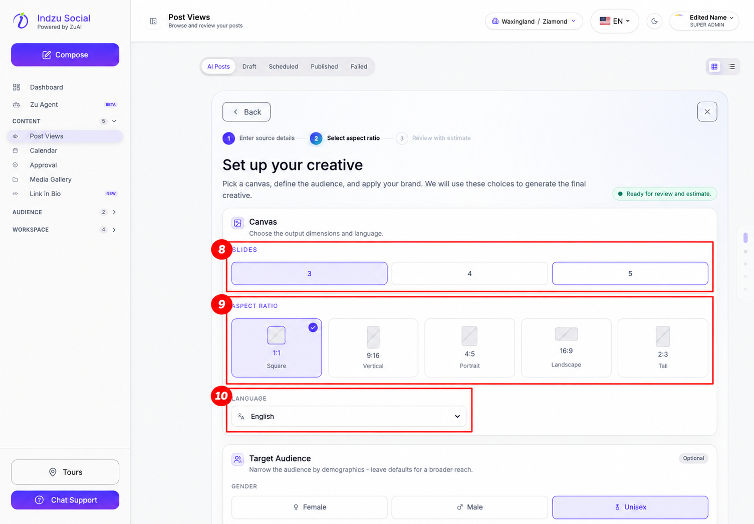 8: Choose 3, 4, or 5 slides. 9: Aspect ratio. 10: Language. Scroll down for audience, instructions, brand styling, and Review estimate.