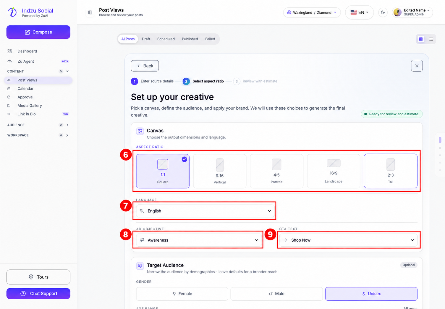 6: Aspect ratio. 7: Language. 8: Ad objective. 9: CTA text. Scroll down for audience, instructions, brand styling, and Review estimate.