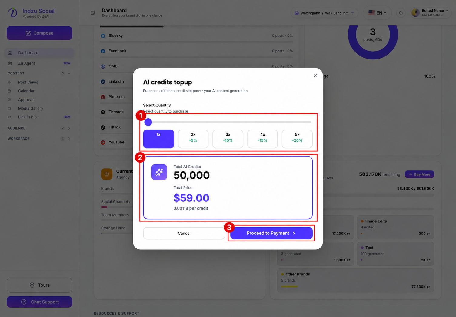 1: Choose a credit quantity. 2: Review total credits and price. 3: Proceed to Payment only when ready. Screenshot pricing is an example, not a guaranteed current offer.