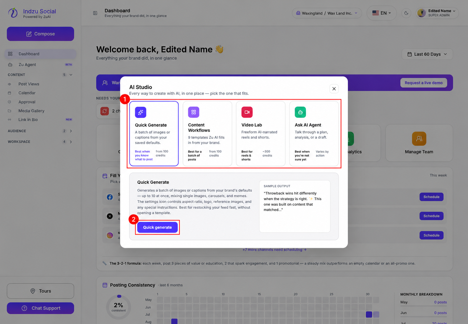 1: AI Studio creation choices, including Quick Generate, Content Workflows, Video Lab and Ask AI Agent. 2: Continue with the selected route; Quick generate is shown.