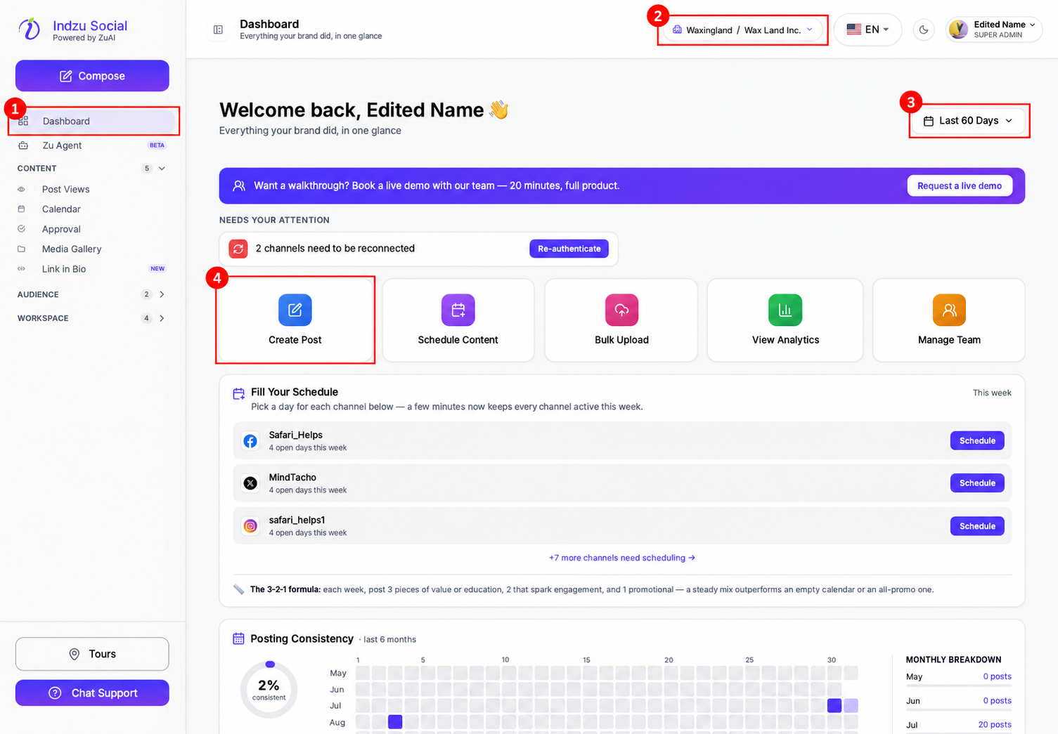 1: Dashboard in the left sidebar. 2: Selected brand. 3: Activity date range. 4: Create Post opens AI Studio.