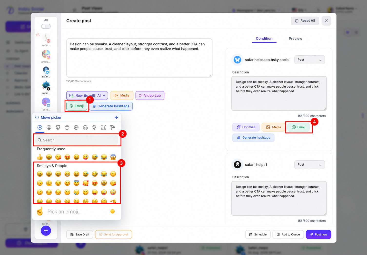 1: Shared Emoji button. 2: Search emojis. 3: Choose an emoji. 4: Channel-specific Emoji control.