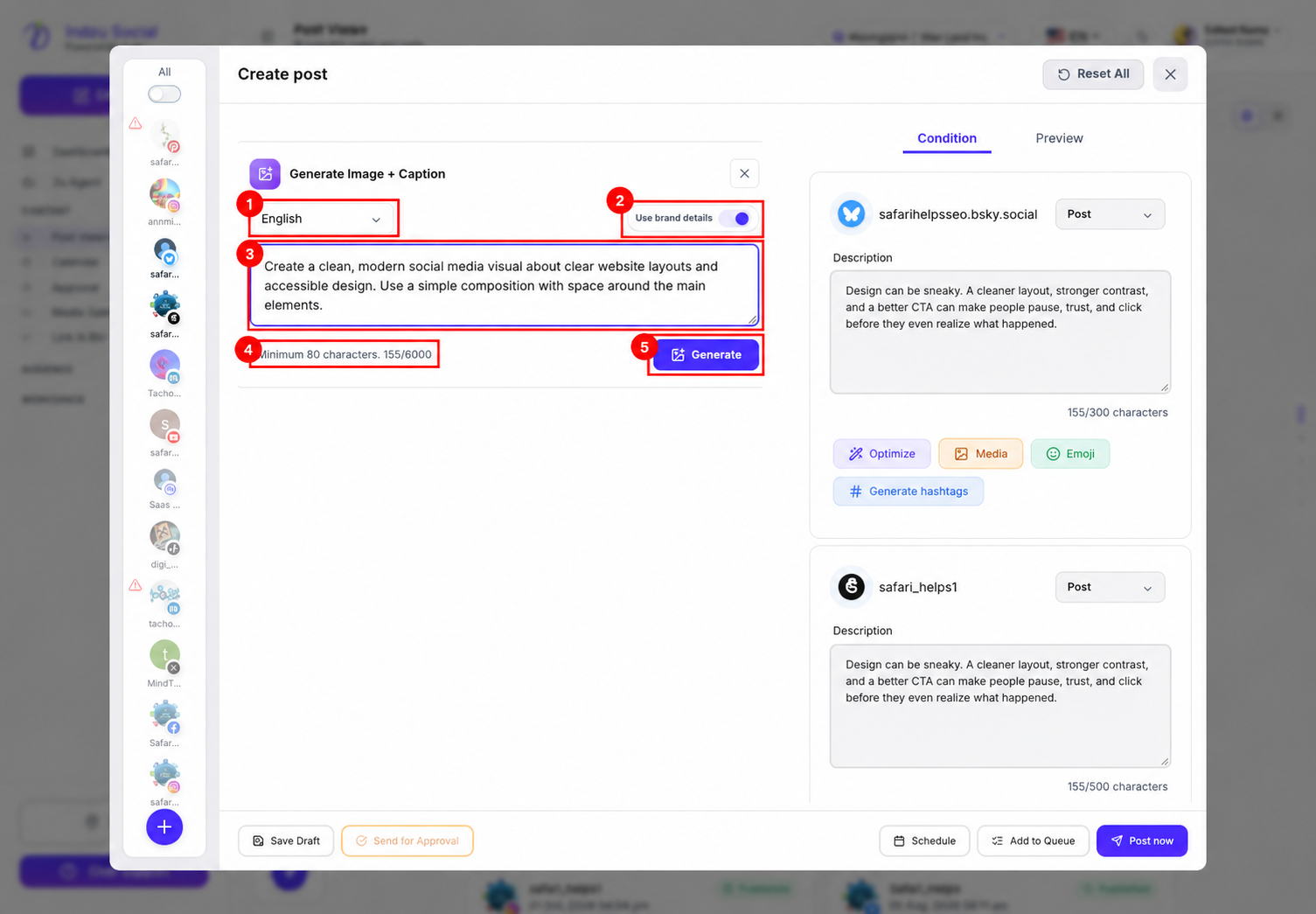 1: Language. 2: Use brand details. 3: Filled image idea. 4: Minimum prompt length and counter. 5: Generate after reviewing the request.