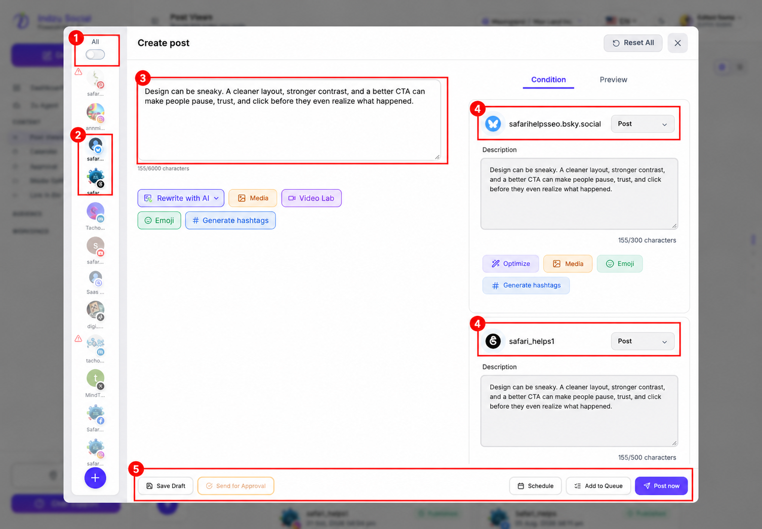 1: All toggle is off for a subset. 2: Selected Bluesky and Threads destinations. 3: Shared text. 4: Review each account’s Condition panel and character counter. 5: Save Draft, Send for Approval, Schedule, Add to Queue or Post now after review.