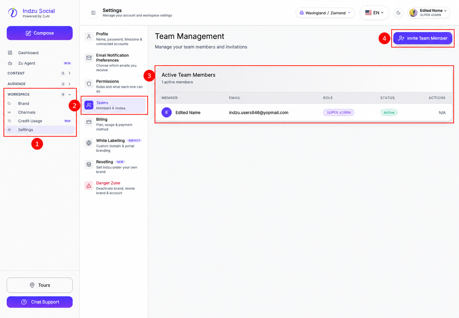 1: Workspace and Settings navigation. 2: Teams section. 3: Actual member, email, role, status and available actions. 4: Invite Team Member.